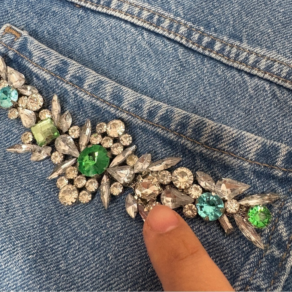 Zara Jean Jacket Rhinestones Raw Hem Streetwear Size Small Feminine Chic - Picture 10 of 15